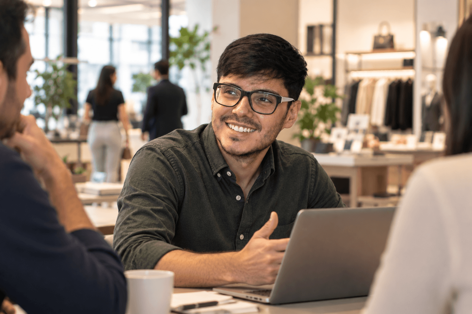 A man smiling in conversation at a laptop during a meeting inside a retail store