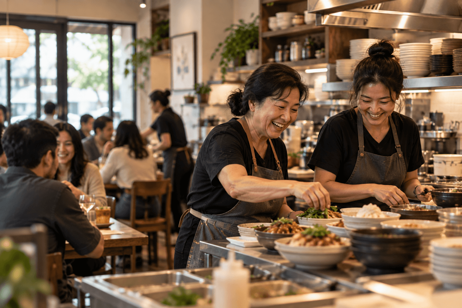 Two chefs smiling and plating food together in a restaurant kitchen, with guests seated in the dining room behind them