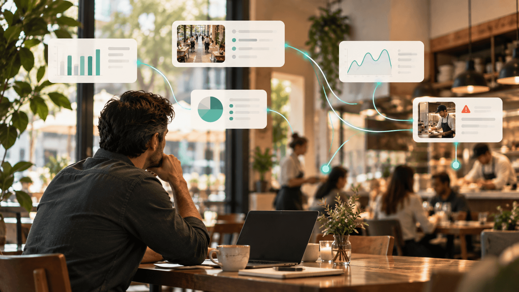 A restaurant operator staring at a laptop, surrounded by floating charts and alert panels representing scattered data