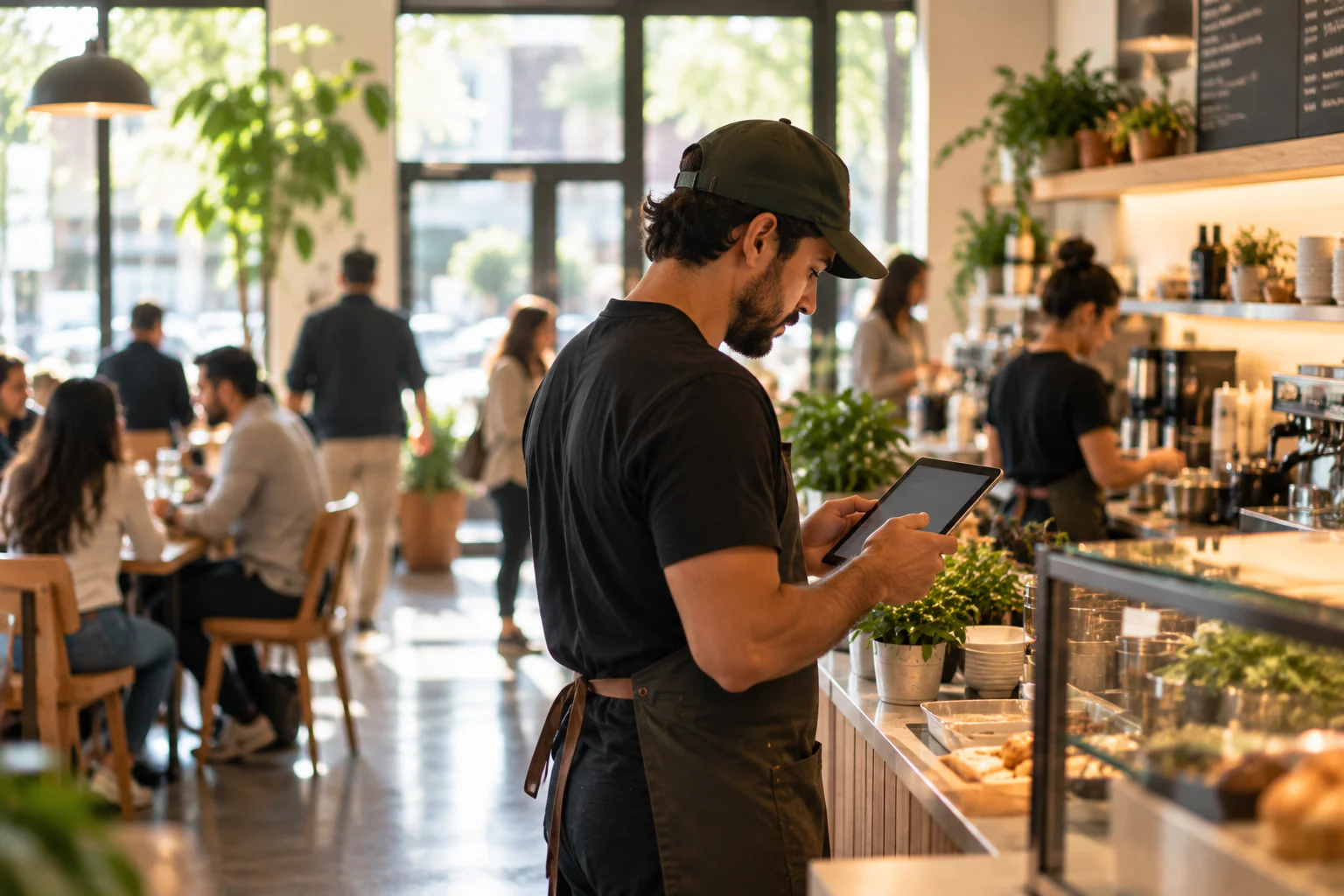 A restaurant team member checking a tablet at the counter during a busy service