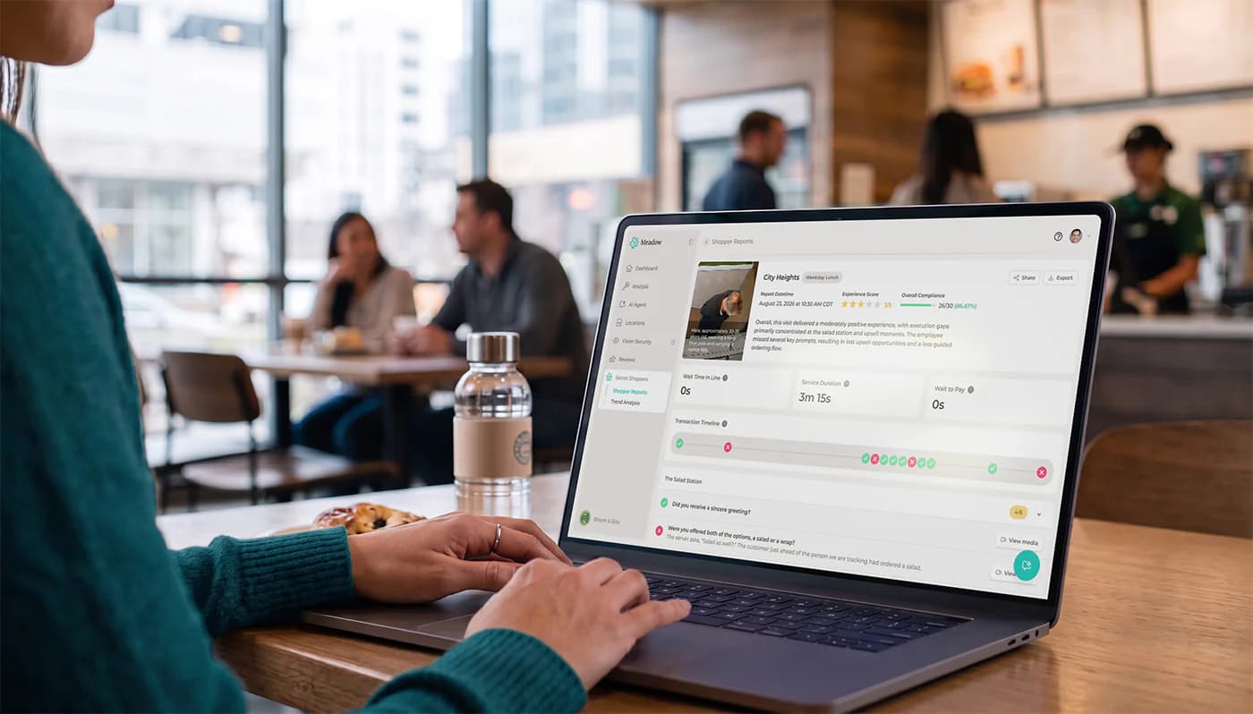 The Meadow dashboard open on a laptop at a café, showing a shopper report