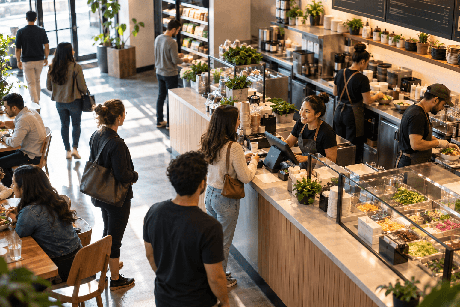 Overhead view of a busy fast-casual restaurant counter, with customers in line and staff serving behind it