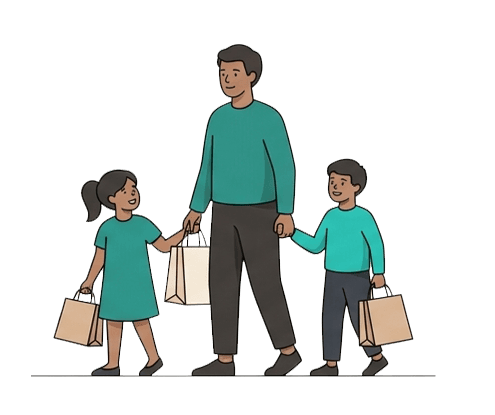 Illustration of a parent and two children walking together carrying shopping bags