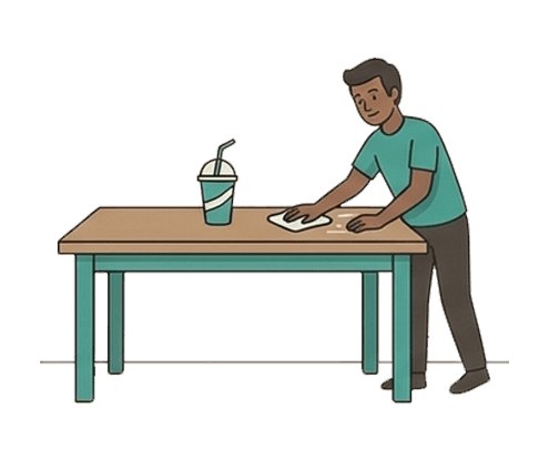 Illustration of an employee wiping down a table beside a drink left behind