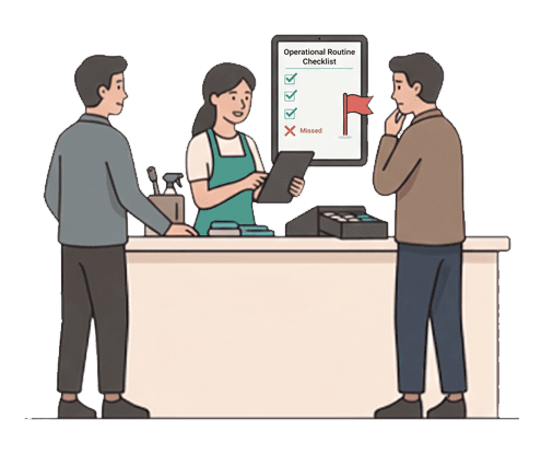 Illustration of an employee reviewing an operational routine checklist on a tablet, with a missed step flagged, between two customers