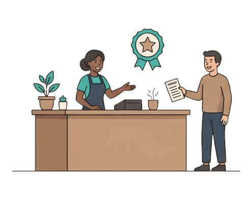Illustration of an employee handing a customer a receipt beside a badge with a star on it