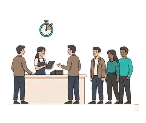 Illustration of a cashier helping a customer at a counter while others wait in line, with a stopwatch overhead