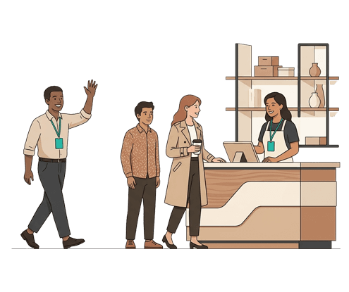 Illustration of an employee waving another over to help at a busy counter while customers wait