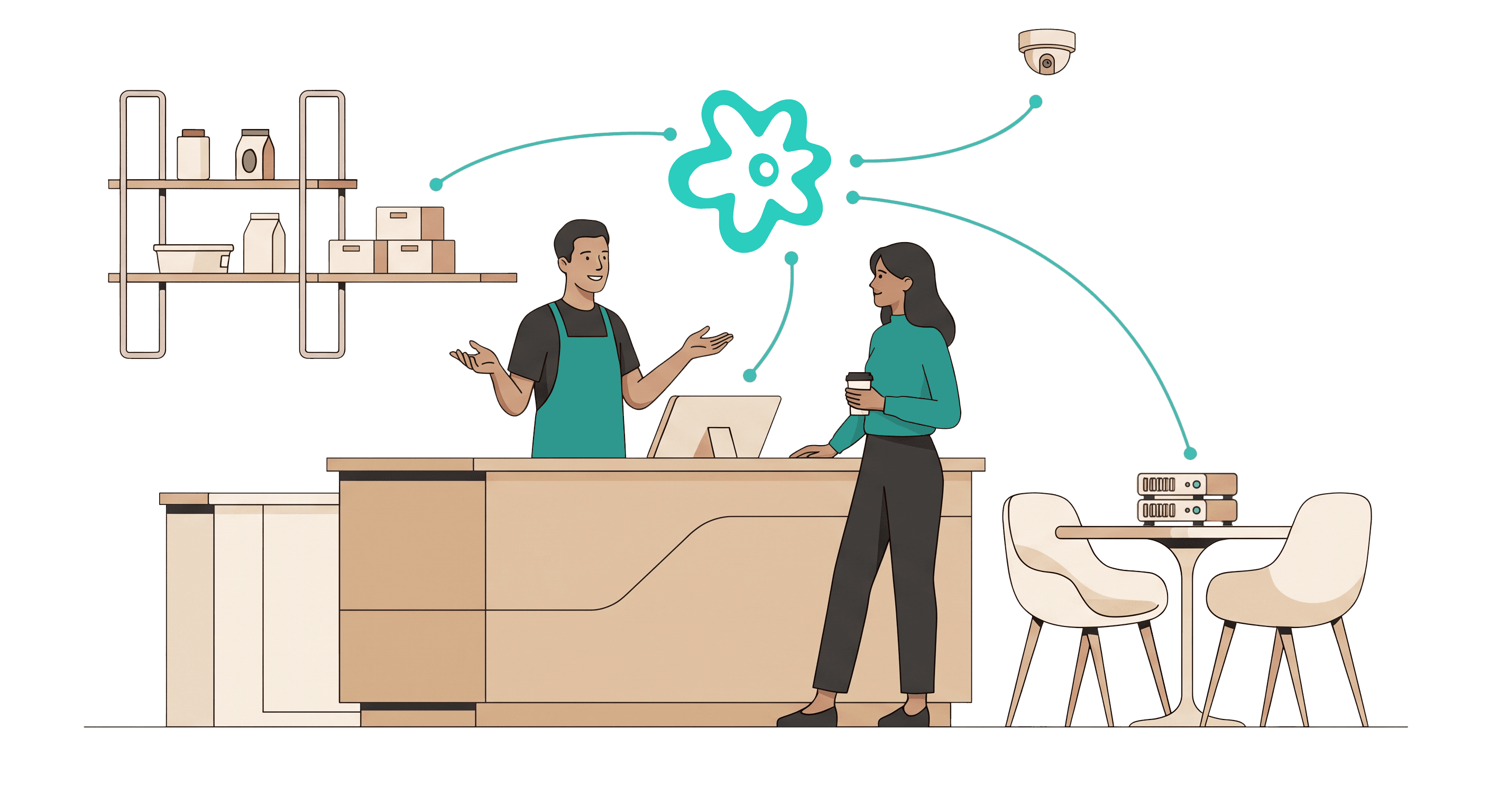 Illustration of a store counter connected by data lines to a ceiling camera and a server, representing Meadow's sensor network