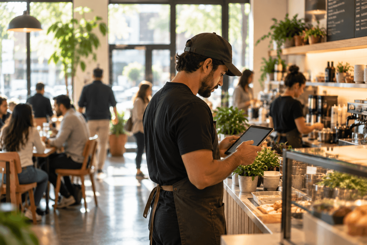 An employee checking a tablet in a busy café, with staff and seated customers in the background