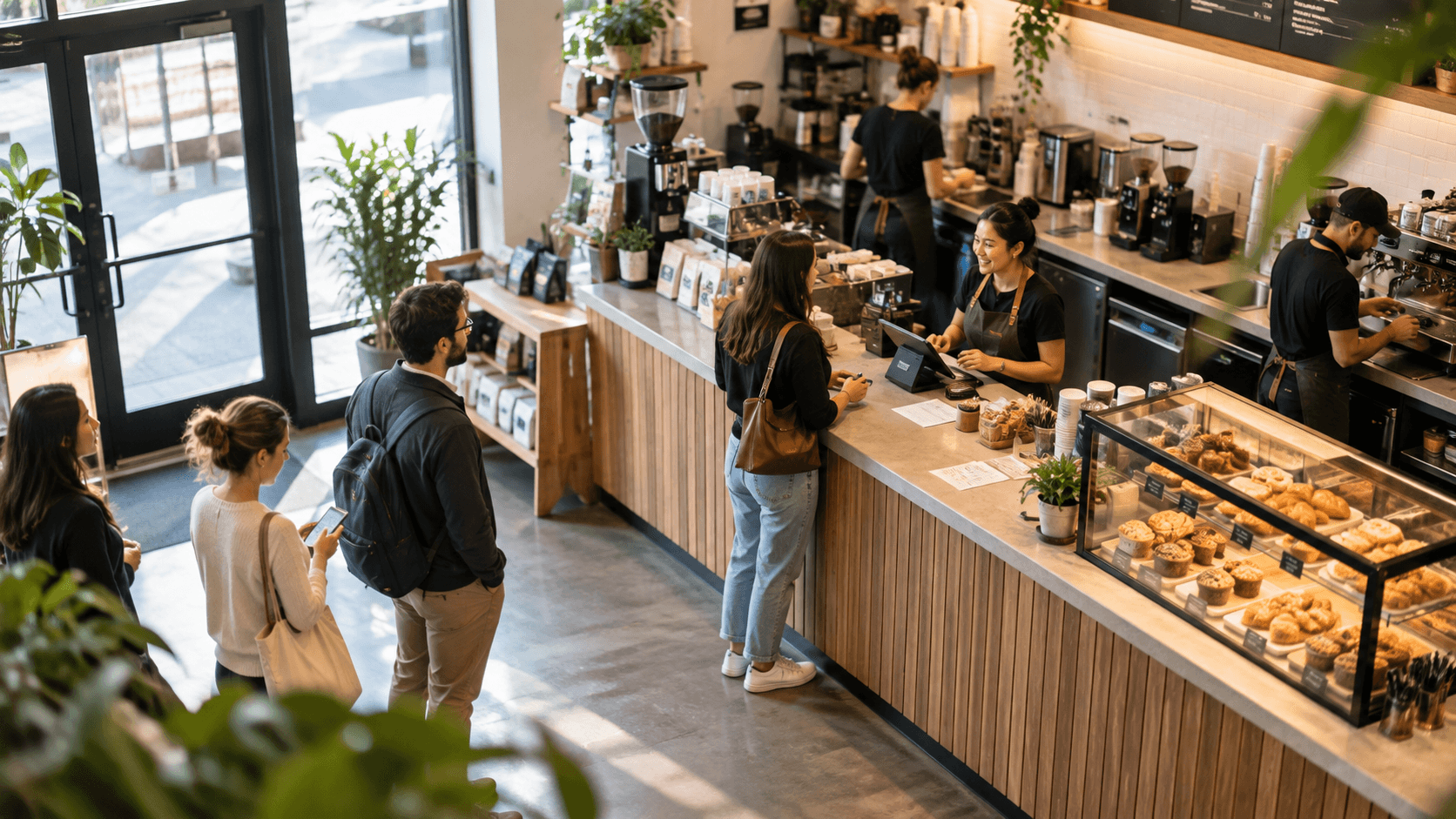 Overhead view of a café counter, with baristas serving customers and a pastry case in the foreground